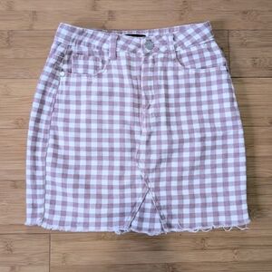 Pink & White Gingham Denim Mini Skirt Distressed Stretch Size 2 or XS 24" Waist